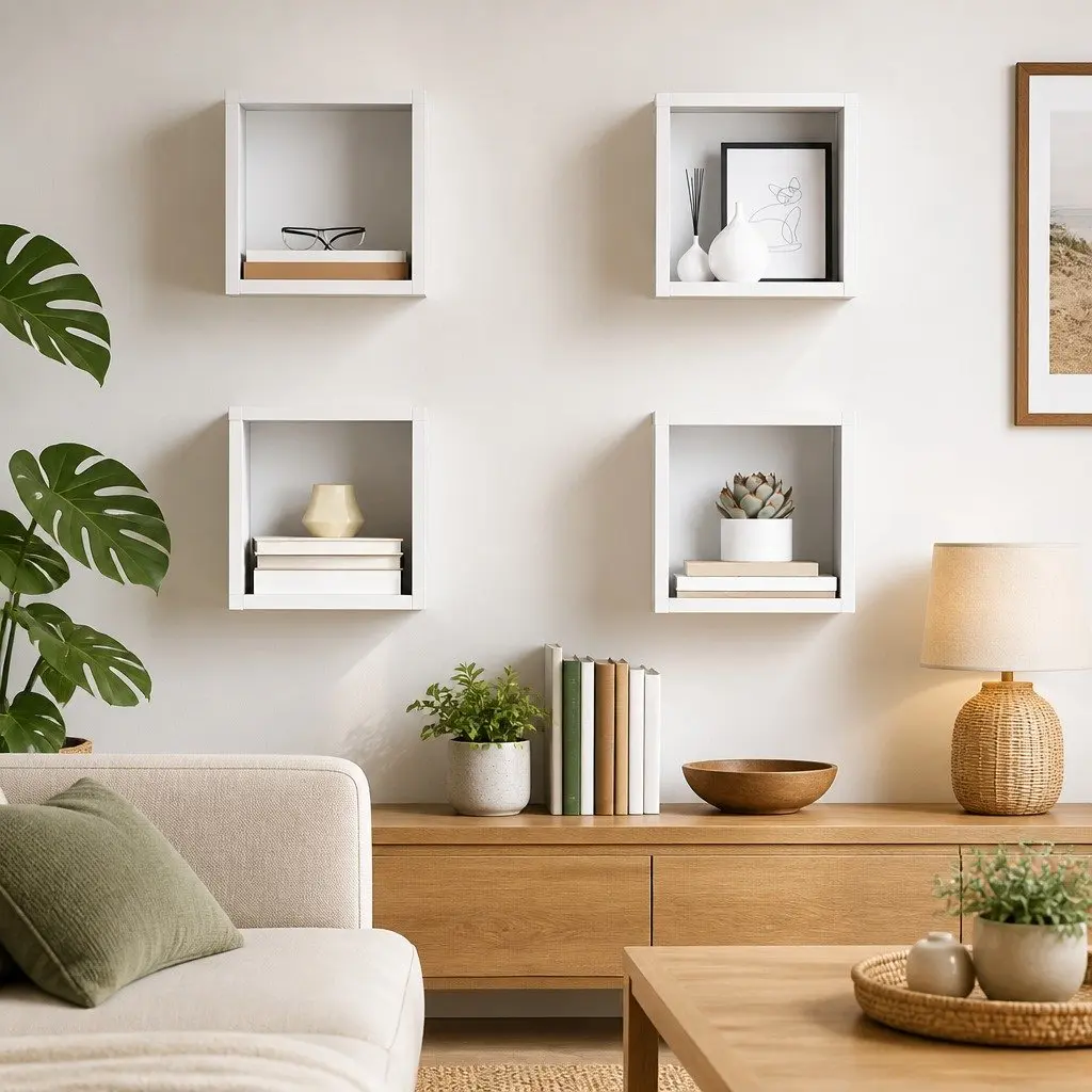 Floating Cube Shelves White 4 Piece Set Storage Organiser Home 22x15x22cm