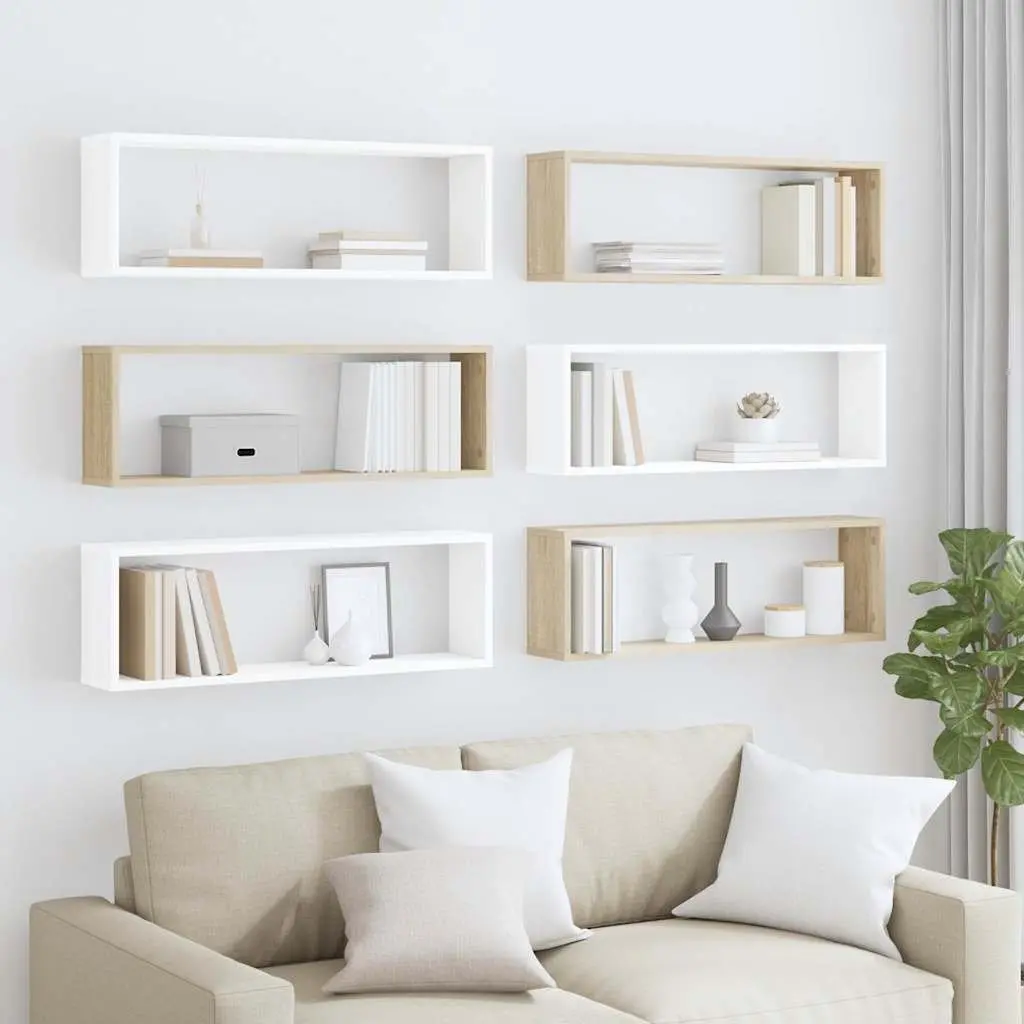 Wall Cube Shelves Engineered Wood 80 x 15 x 26.5 cm White Sonoma Oak 6 Piece Set
