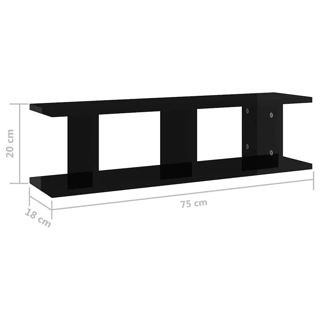 Wall Shelves Engineered Wood 75 x 18 x 20 cm Black Floating Display Cube Shelf 2 Piece Set