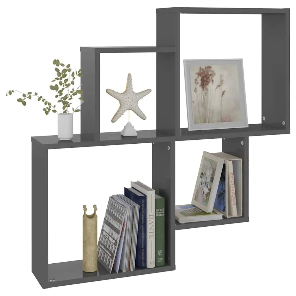 Wall Cube Shelf Engineered Wood 80W x 15D x 78.5H cm Grey Open Compartments Storage Display Hanging Shelves Organiser
