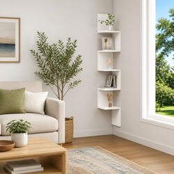 Practical White Corner Shelf for Living Room or Kitchen