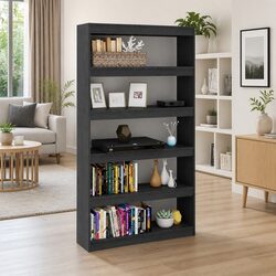 Book Cabinet Room Divider Grey Solid Pinewood Storage Shelf Bookcase Standing