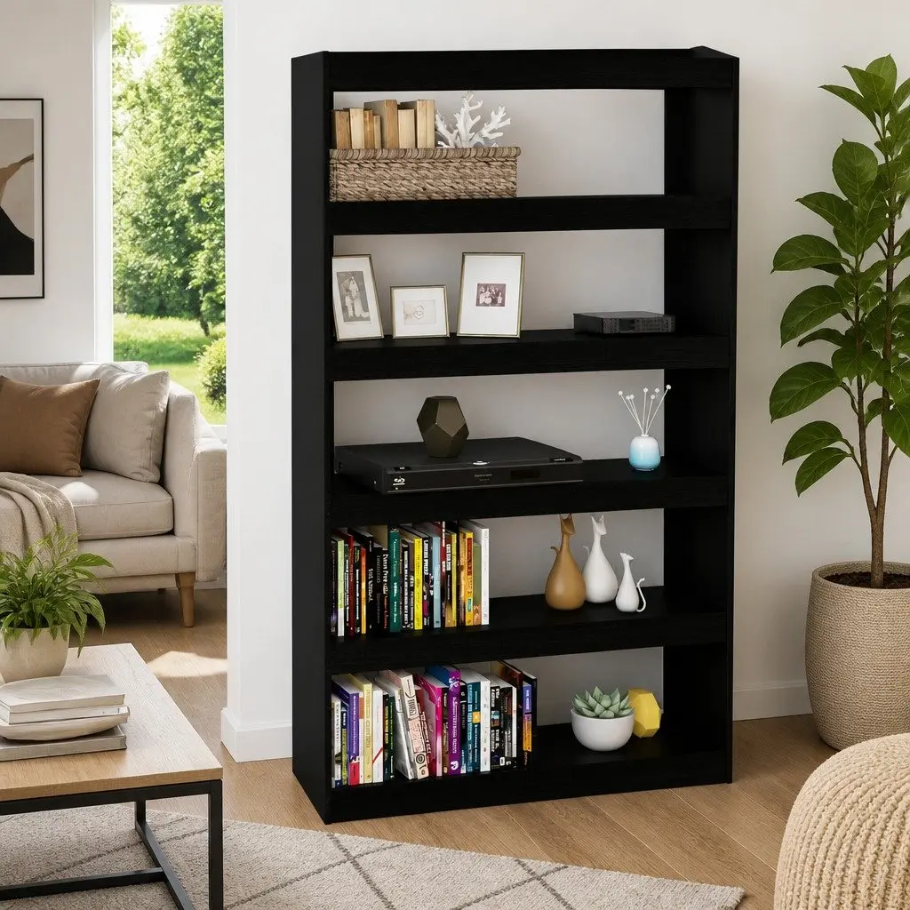 Book Cabinet Room Divider Black Solid Pinewood Bookshelf Standing Storage