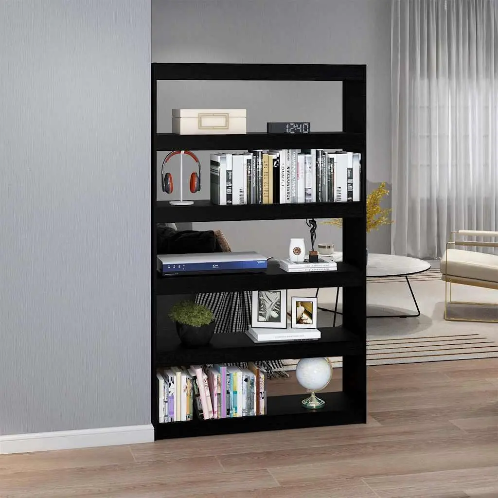 Book Cabinet Room Divider Black Solid Pinewood Bookshelf Standing Storage