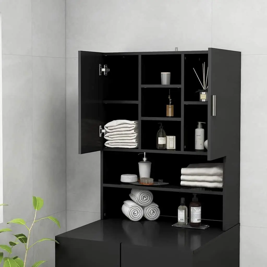 Bathroom Storage Cabinet Black 90cm Height 70.5cm Width 25.5cm Two Door Washing Machine Cupboard