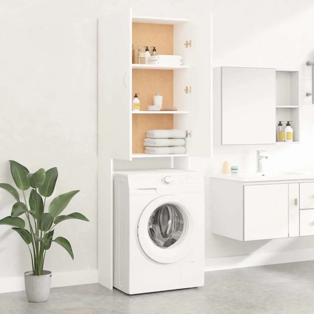 Washing Machine Cabinet Engineered Wood Tall Storage Organiser White 64x25.5x190 cm