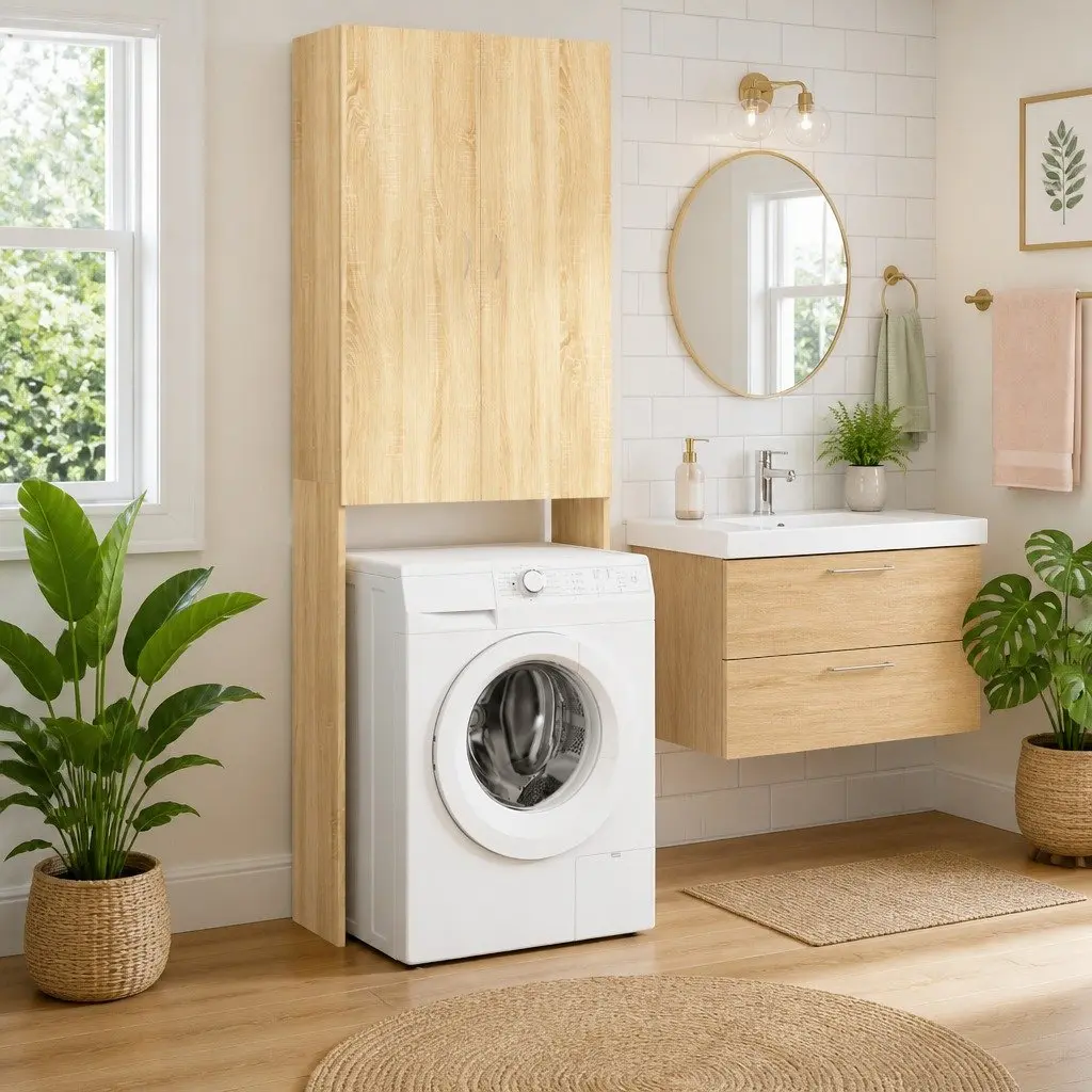 Sonoma Oak Cabinet Bathroom Storage 2 Door 3 Compartment Washing Machine Cupboard 64x25.5x190cm