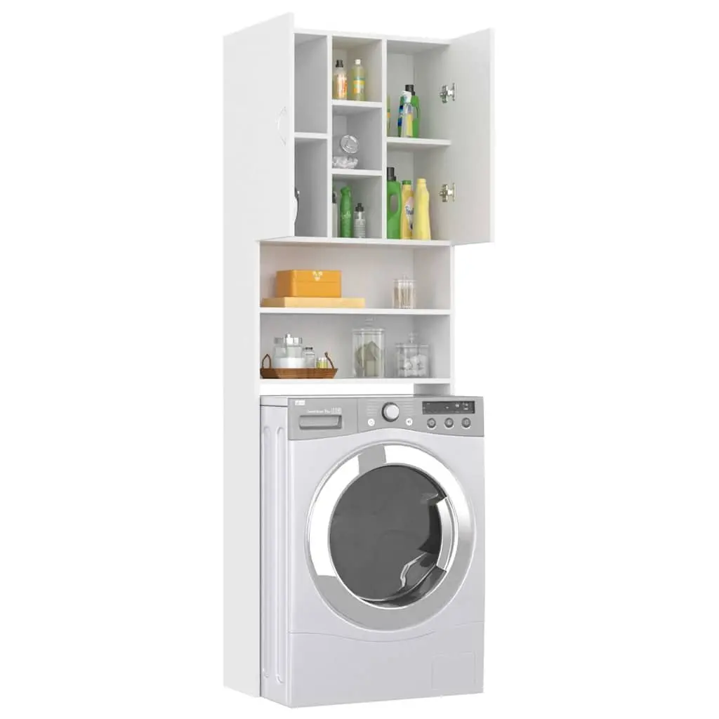 White Washing Machine Cabinet Bathroom Storage Cupboard 2 Doors 9 Compartments