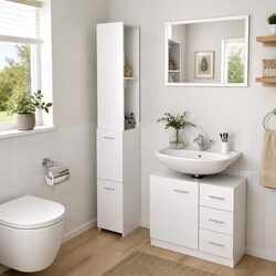 Bathroom Cabinet White Storage Cupboard Engineered Wood Tall Organiser