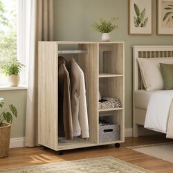 Engineered Wood Wardrobe Bedroom Storage Cabinet with Wheels Open Compartment