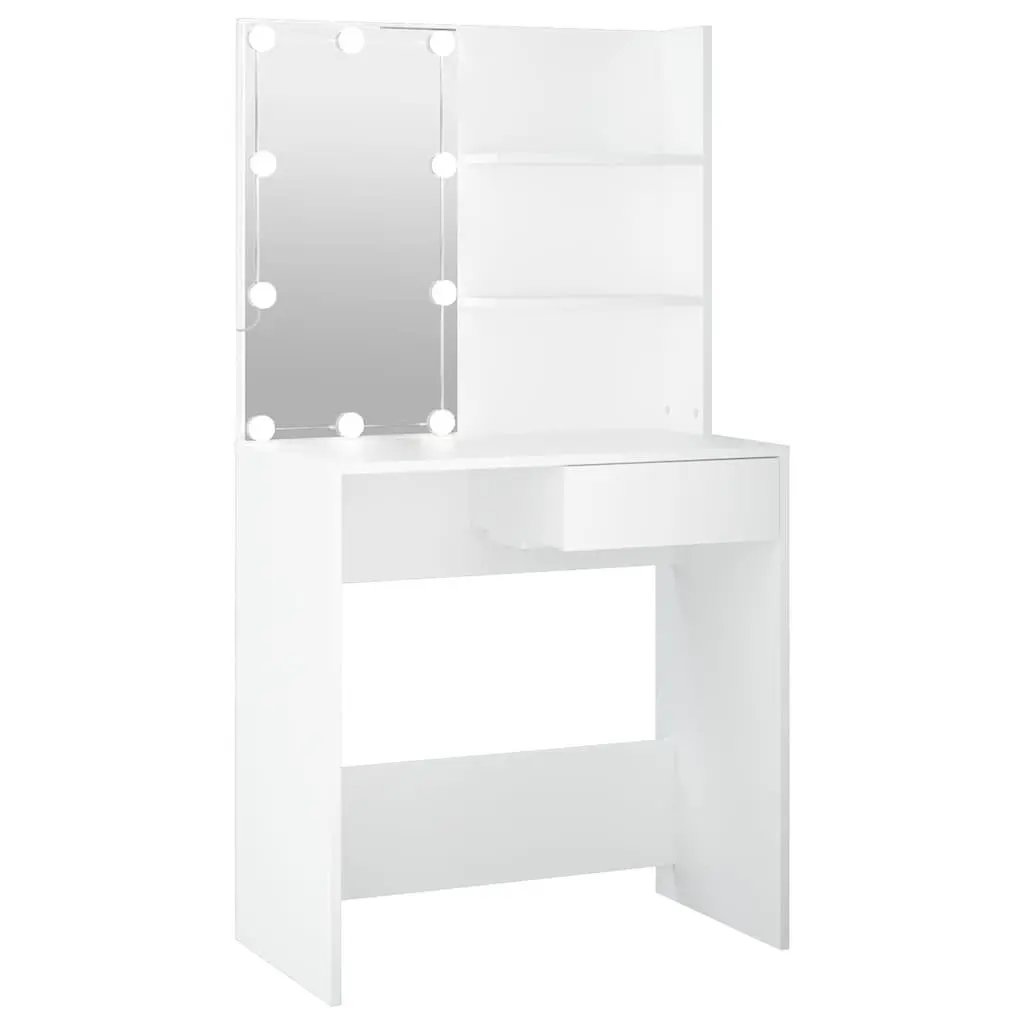 Dressing Table Engineered Wood White LED Mirror Storage Drawer Open Shelves