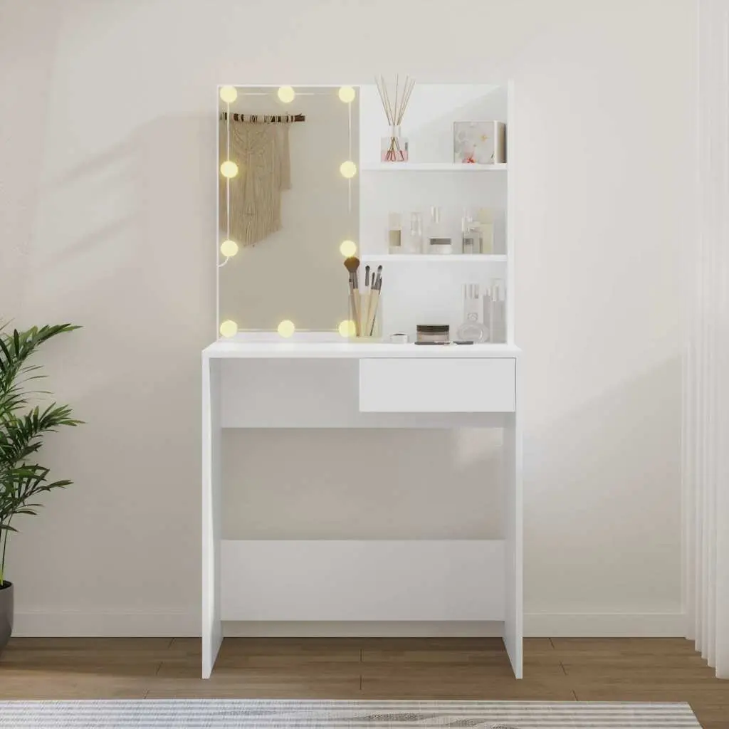 Dressing Table Engineered Wood White LED Mirror Storage Drawer Open Shelves