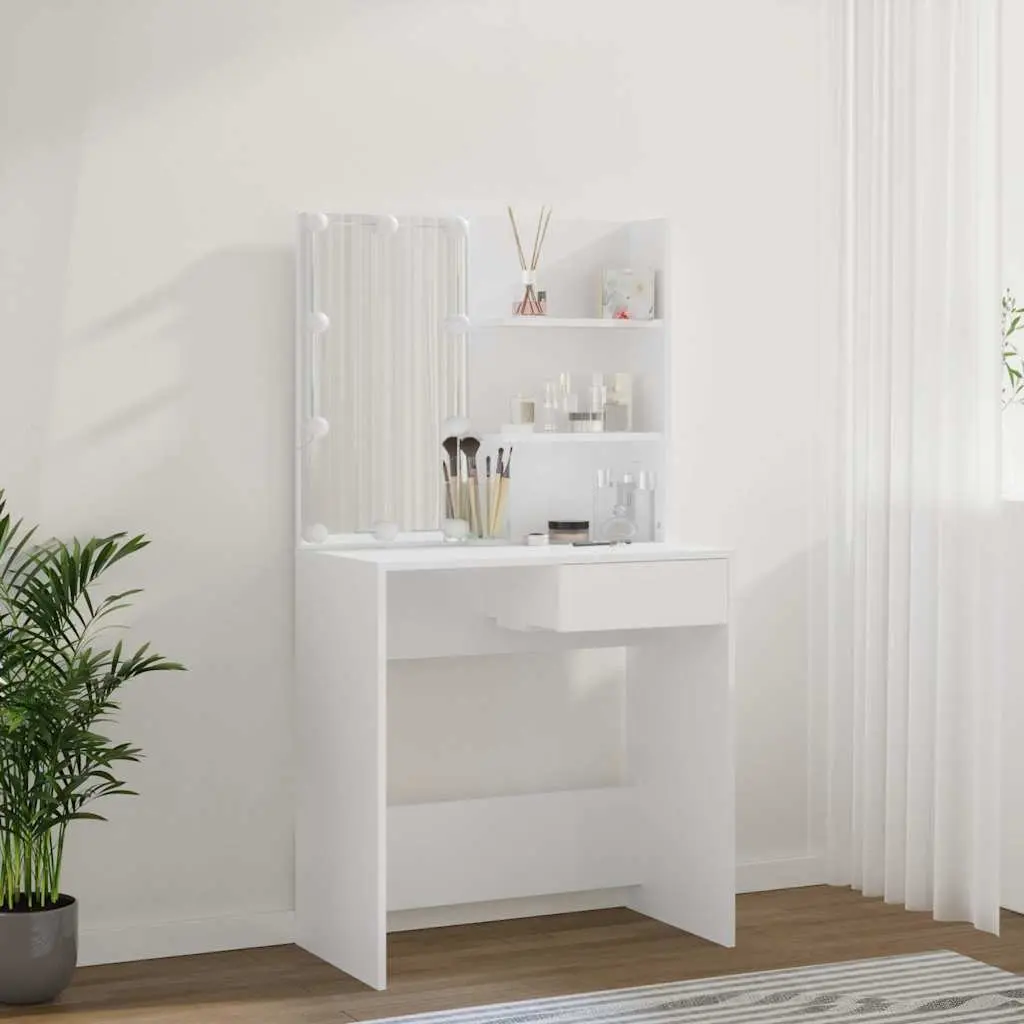 Dressing Table Engineered Wood White LED Mirror Storage Drawer Open Shelves