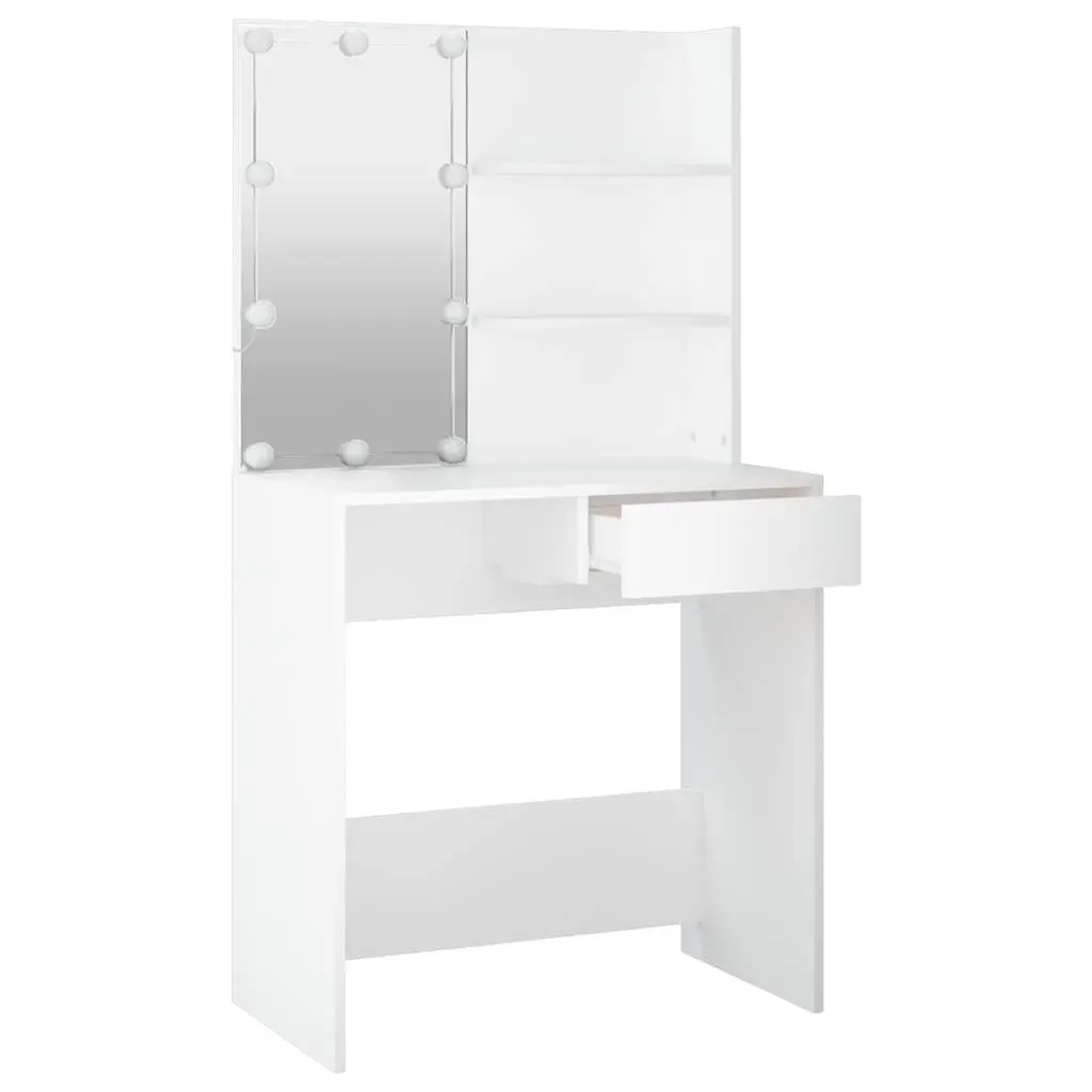 Dressing Table Engineered Wood White LED Mirror Storage Drawer Open Shelves