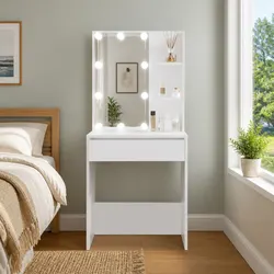 Functional White Dressing Table with LED Lights