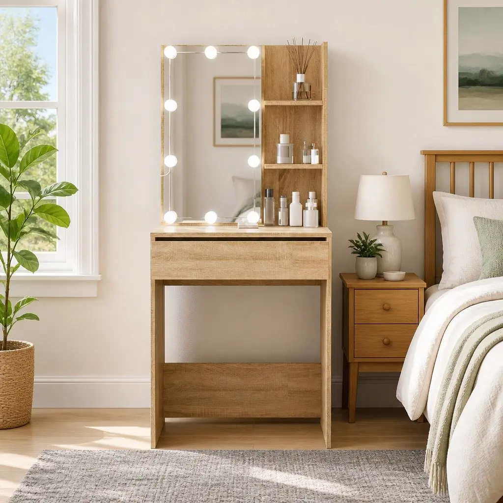 Dressing Table Sonoma Oak Engineered Wood Makeup Vanity Console with LED Mirror and Storage Shelves