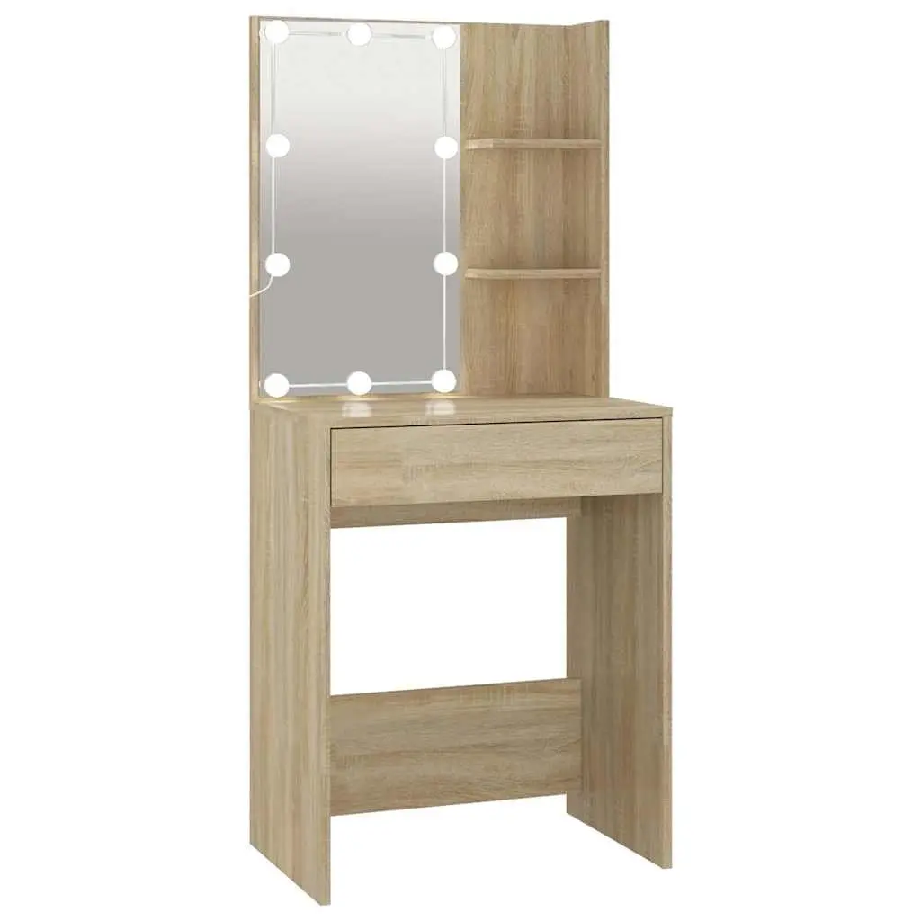 Dressing Table Sonoma Oak Engineered Wood Makeup Vanity Console with LED Mirror and Storage Shelves