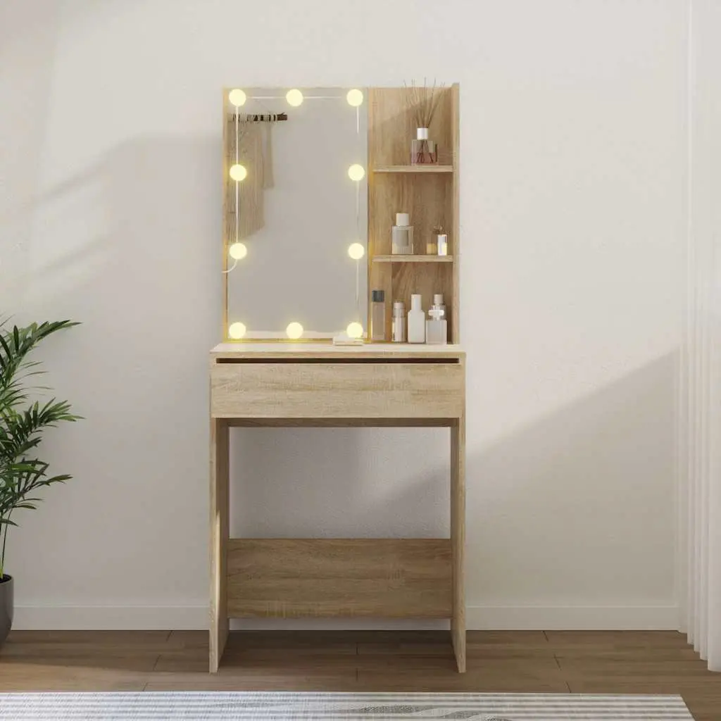 Dressing Table Sonoma Oak Engineered Wood Makeup Vanity Console with LED Mirror and Storage Shelves