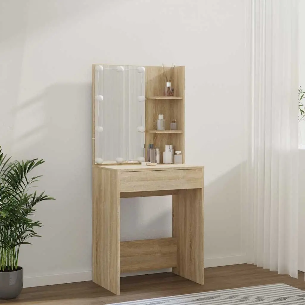 Dressing Table Sonoma Oak Engineered Wood Makeup Vanity Console with LED Mirror and Storage Shelves