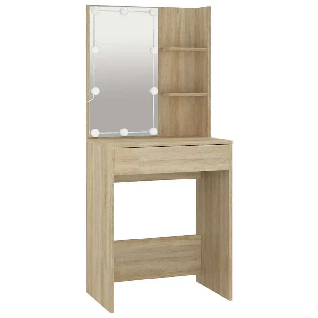 Dressing Table Sonoma Oak Engineered Wood Makeup Vanity Console with LED Mirror and Storage Shelves