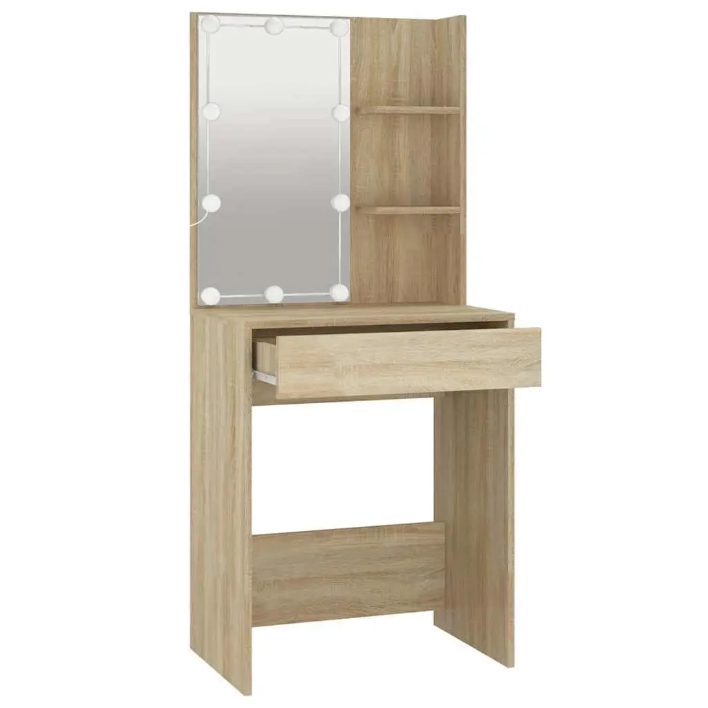 Dressing Table Sonoma Oak Engineered Wood Makeup Vanity Console with LED Mirror and Storage Shelves