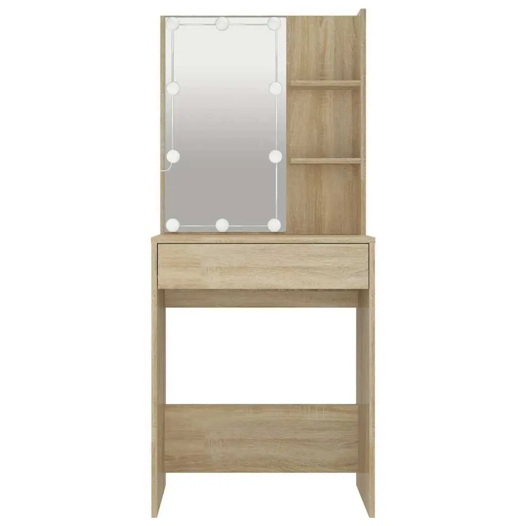 Dressing Table Sonoma Oak Engineered Wood Makeup Vanity Console with LED Mirror and Storage Shelves