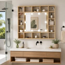 Bathroom Mirror Cabinet with LED Lights Wall-Mounted Storage Vanity Unit Brown