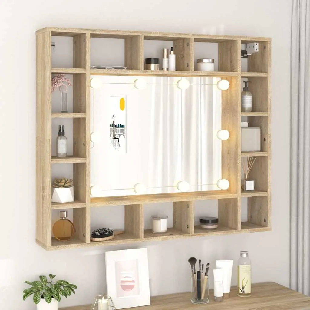 Bathroom Cabinet Engineered Wood Wall-Mounted Mirror Unit with LED Lights Brown