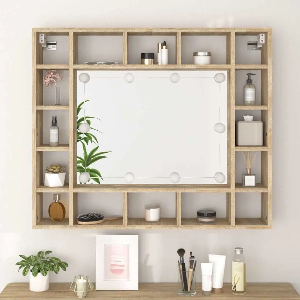 Bathroom Cabinet Engineered Wood Wall-Mounted Mirror Unit with LED Lights Brown