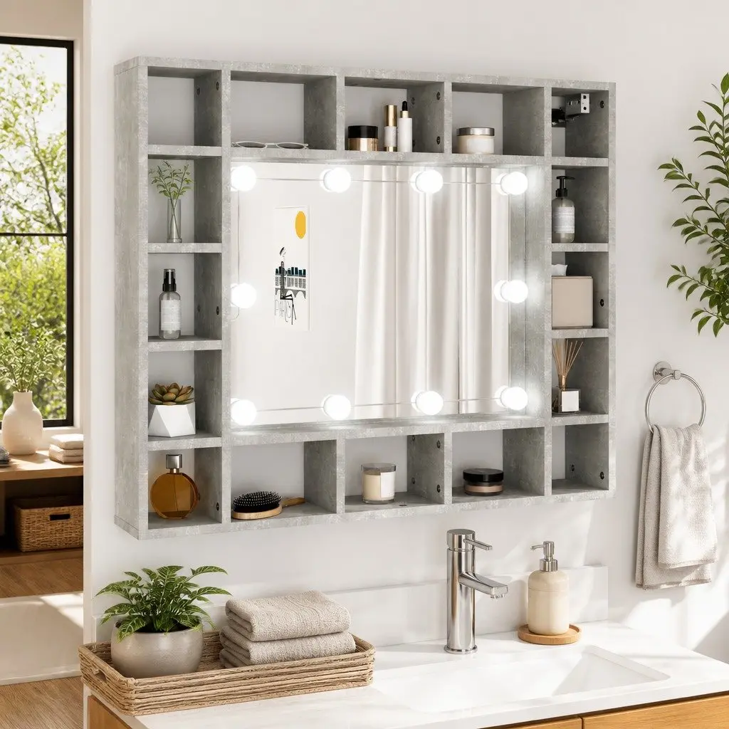 Bathroom Cabinet Engineered Wood Wall-Mounted 91 x 15 x 76.5 cm Grey with LED Lights