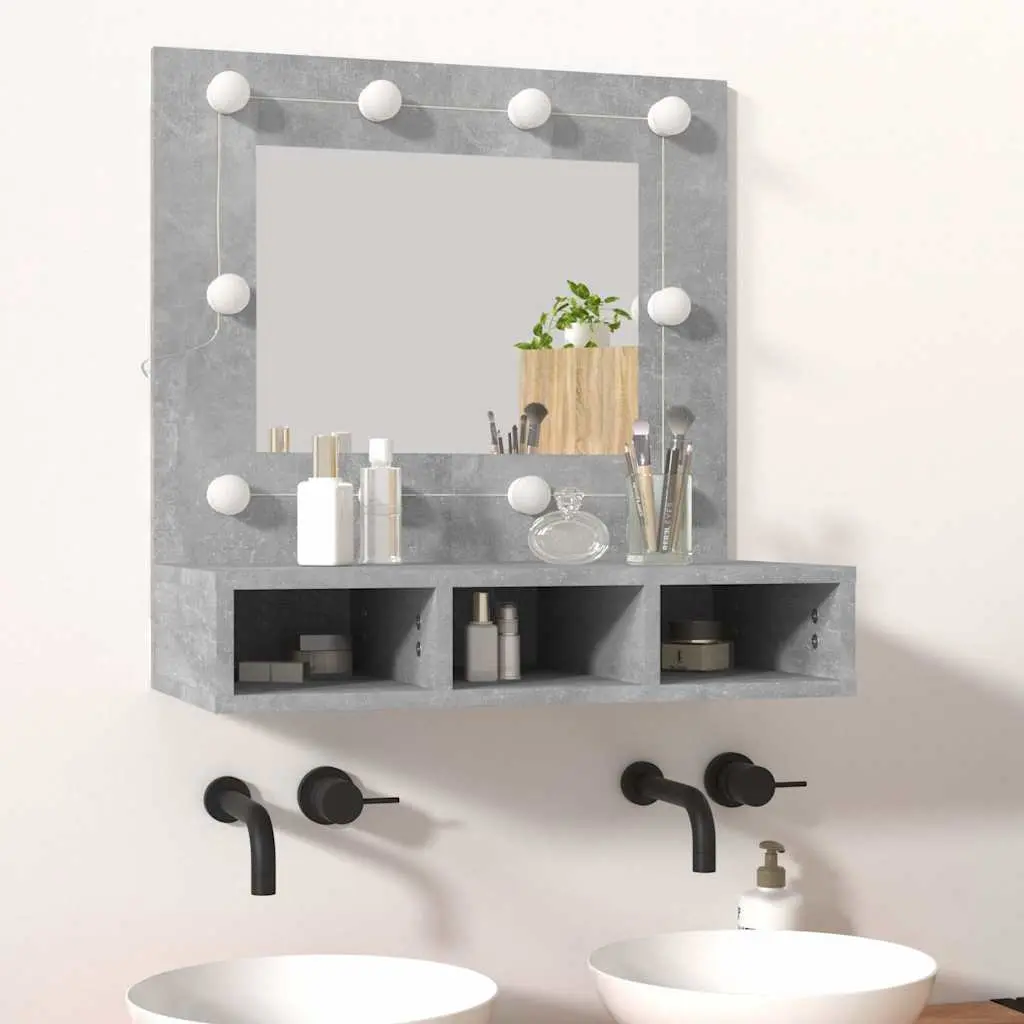 Mirror Cabinet LED Bathroom Vanity Unit Engineered Wood Grey 60 x 31.5 x 62 cm Wall Mounted Storage Shelves