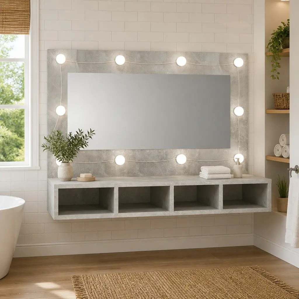Mirror Cabinet LED Lights Engineered Wood 90 x 31.5 x 62 cm Concrete Grey