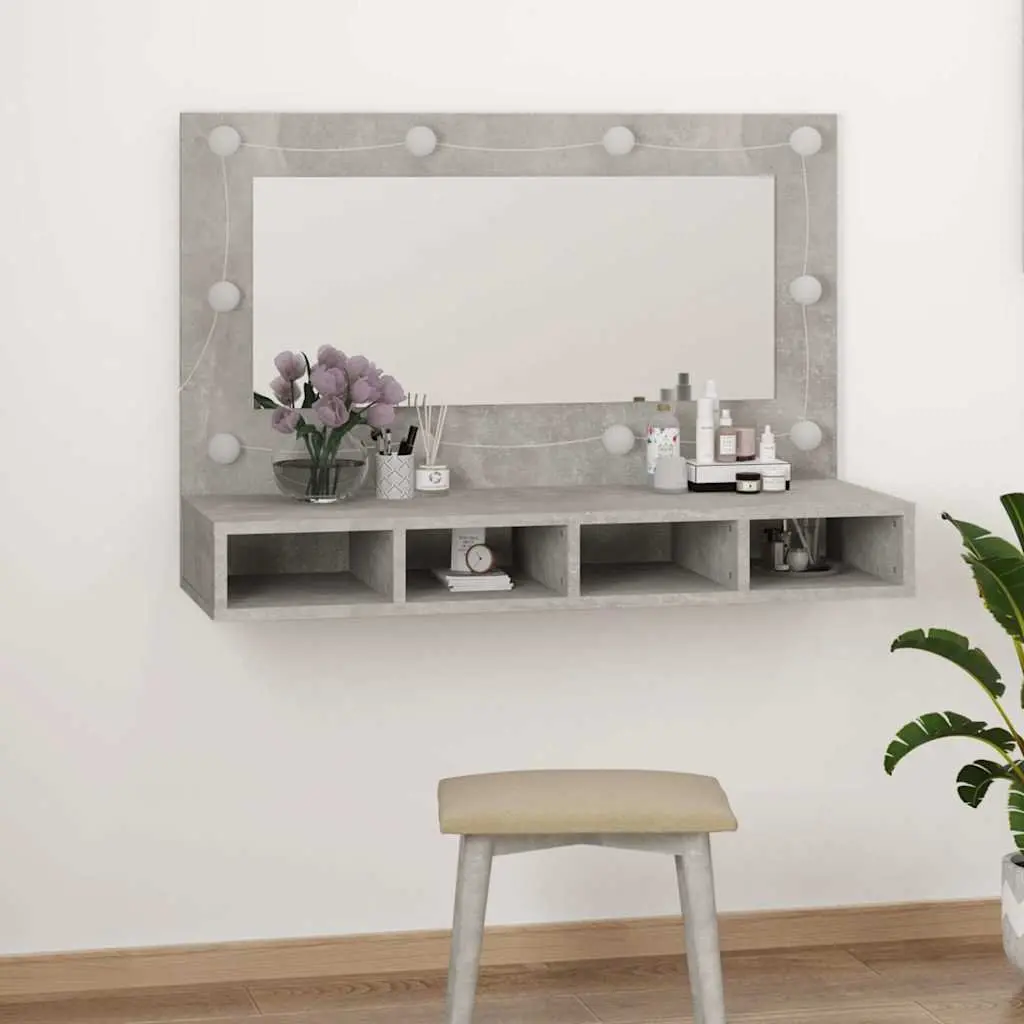 Mirror Cabinet LED Lights Engineered Wood 90 x 31.5 x 62 cm Concrete Grey