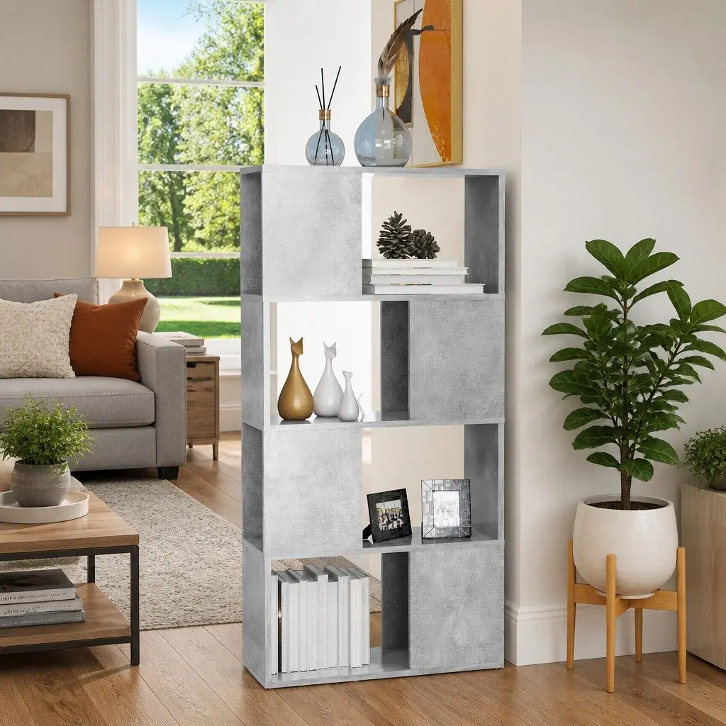 Grey 4 Compartment Shelving Unit Book Cabinet Storage Organizer Room Divider