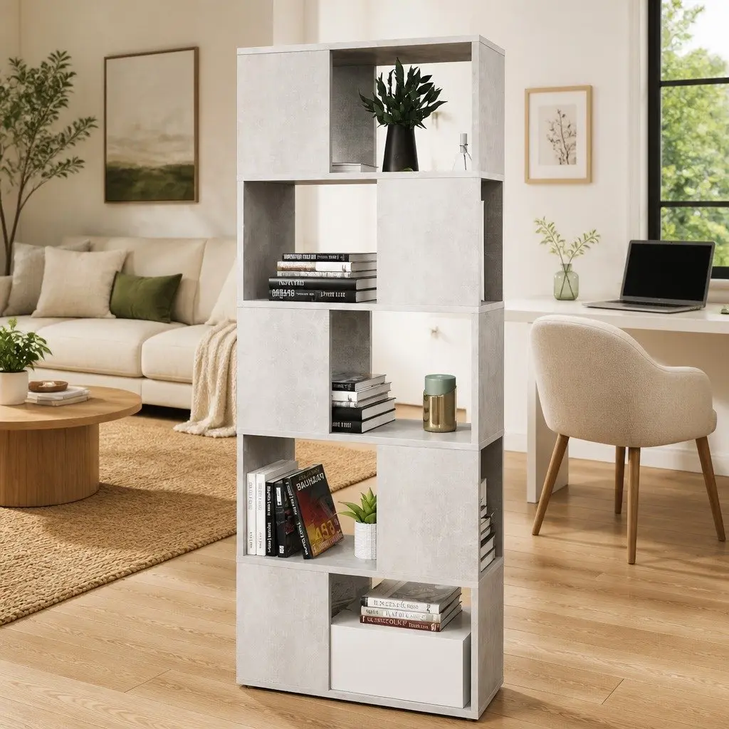 Book Cabinet Open Shelving Unit Grey Engineered Wood 60W x 24D x 155H cm