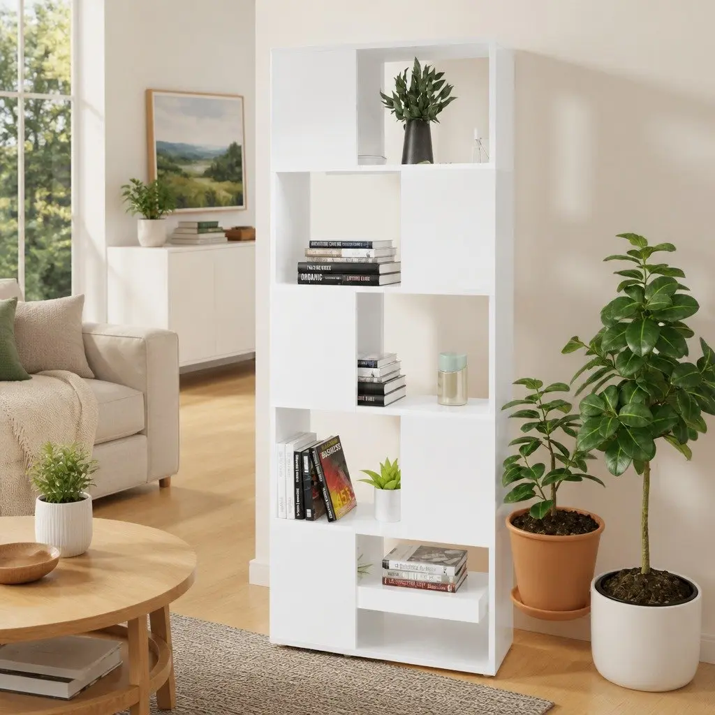 Bookcase Engineered Wood Open Shelf Unit High Gloss White 60x24x155cm Room Divider