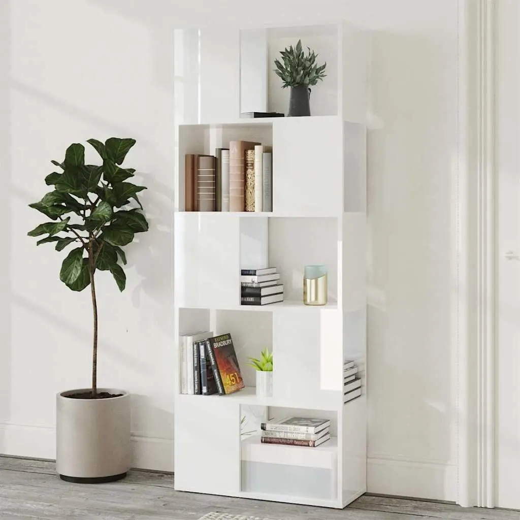 Bookcase Engineered Wood Open Shelf Unit High Gloss White 60x24x155cm Room Divider