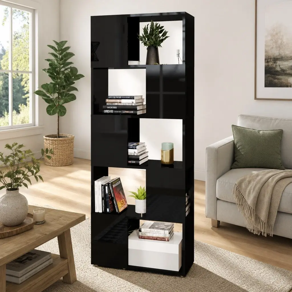 Book Cabinet Engineered Wood High Gloss Black 60x24x155cm Room Divider Shelving Unit