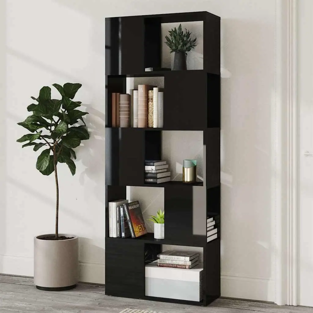 Book Cabinet Engineered Wood High Gloss Black 60x24x155cm Room Divider Shelving Unit