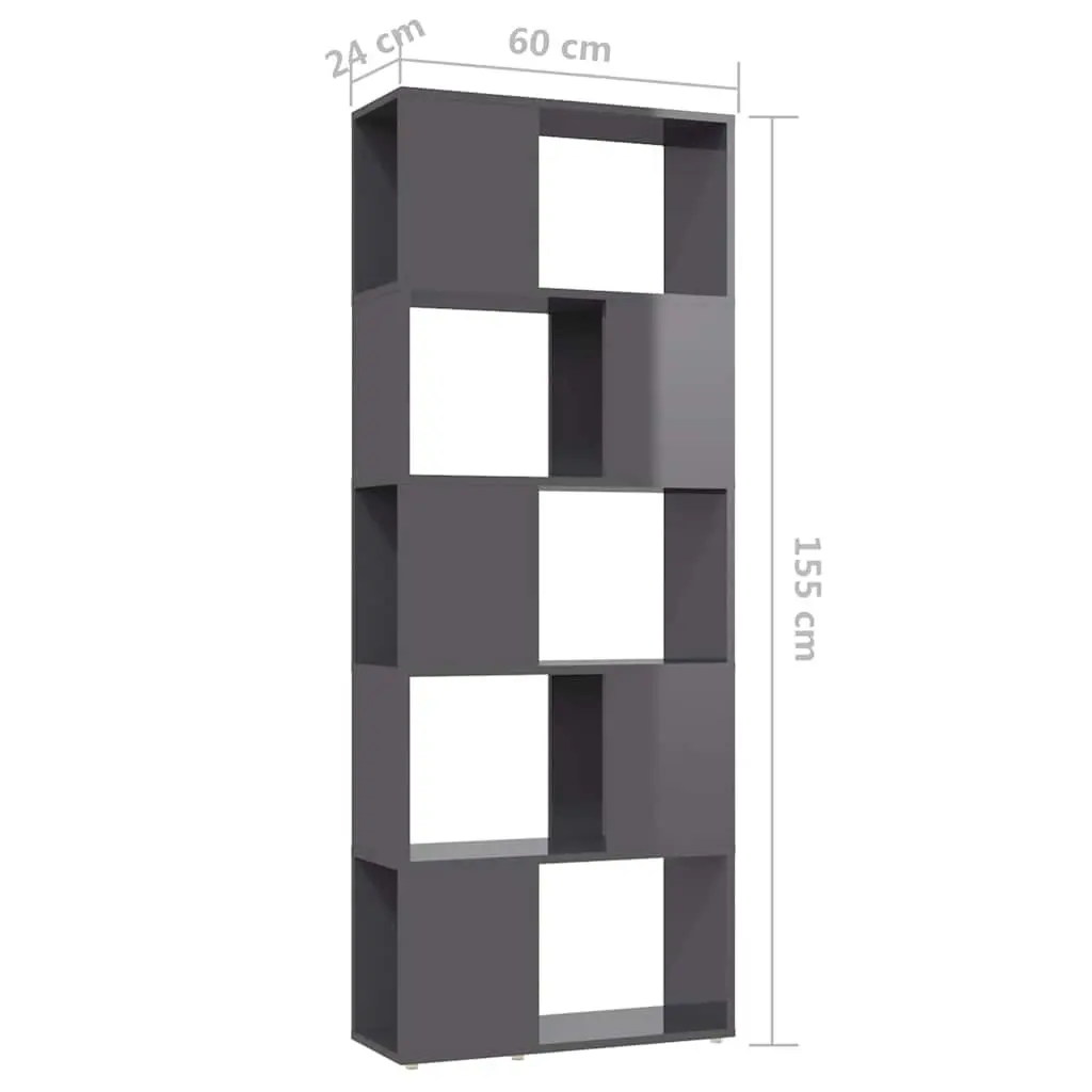 Book Cabinet Engineered Wood Open Shelf 60W x 24D x 155H cm High Gloss Grey