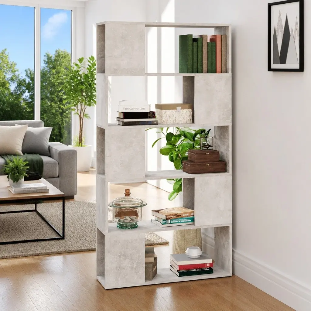 Book Cabinet Room Divider Engineered Wood 80W x 24D x 155H cm Concrete Grey