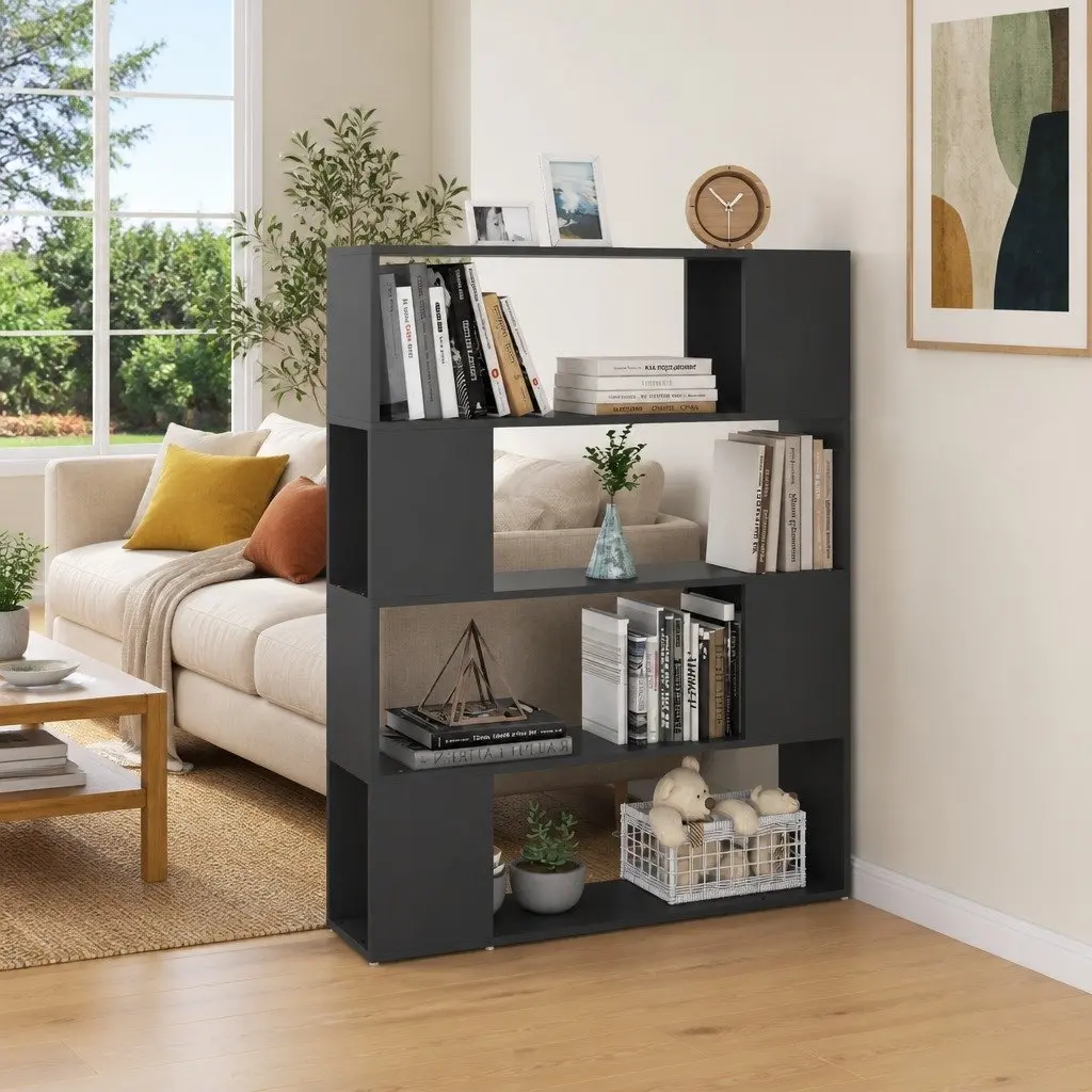 Grey Book Storage Shelving Unit 4 Compartment Room Divider 100W x 24D x 124H cm