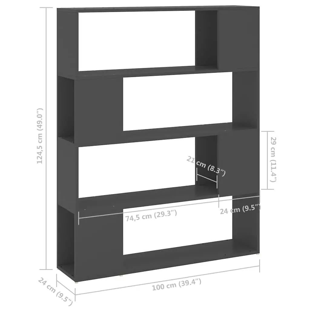 Grey Book Storage Shelving Unit 4 Compartment Room Divider 100W x 24D x 124H cm