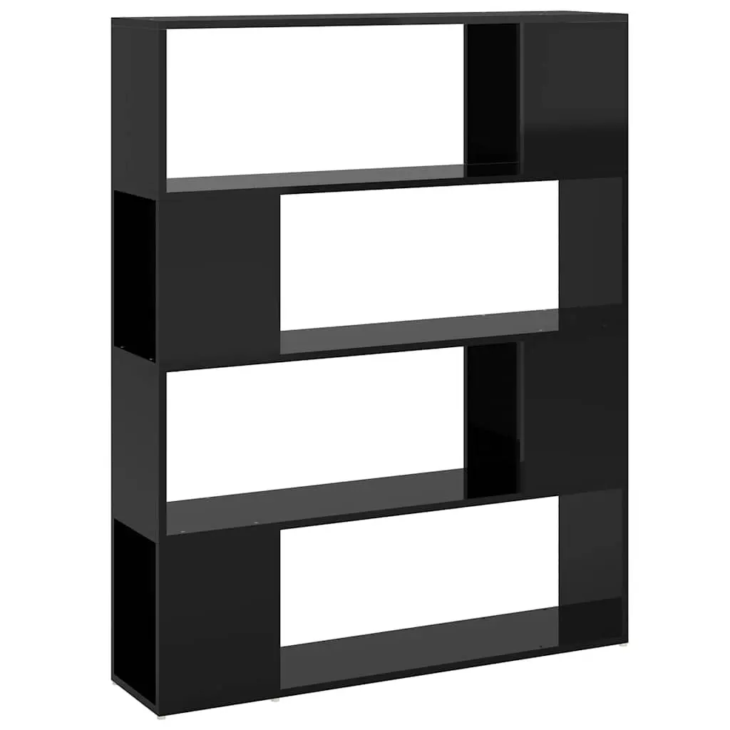 High Gloss Black Room Divider Bookcase Storage Shelf Organizer with 4 Compartments 100W x 24D x 124H cm