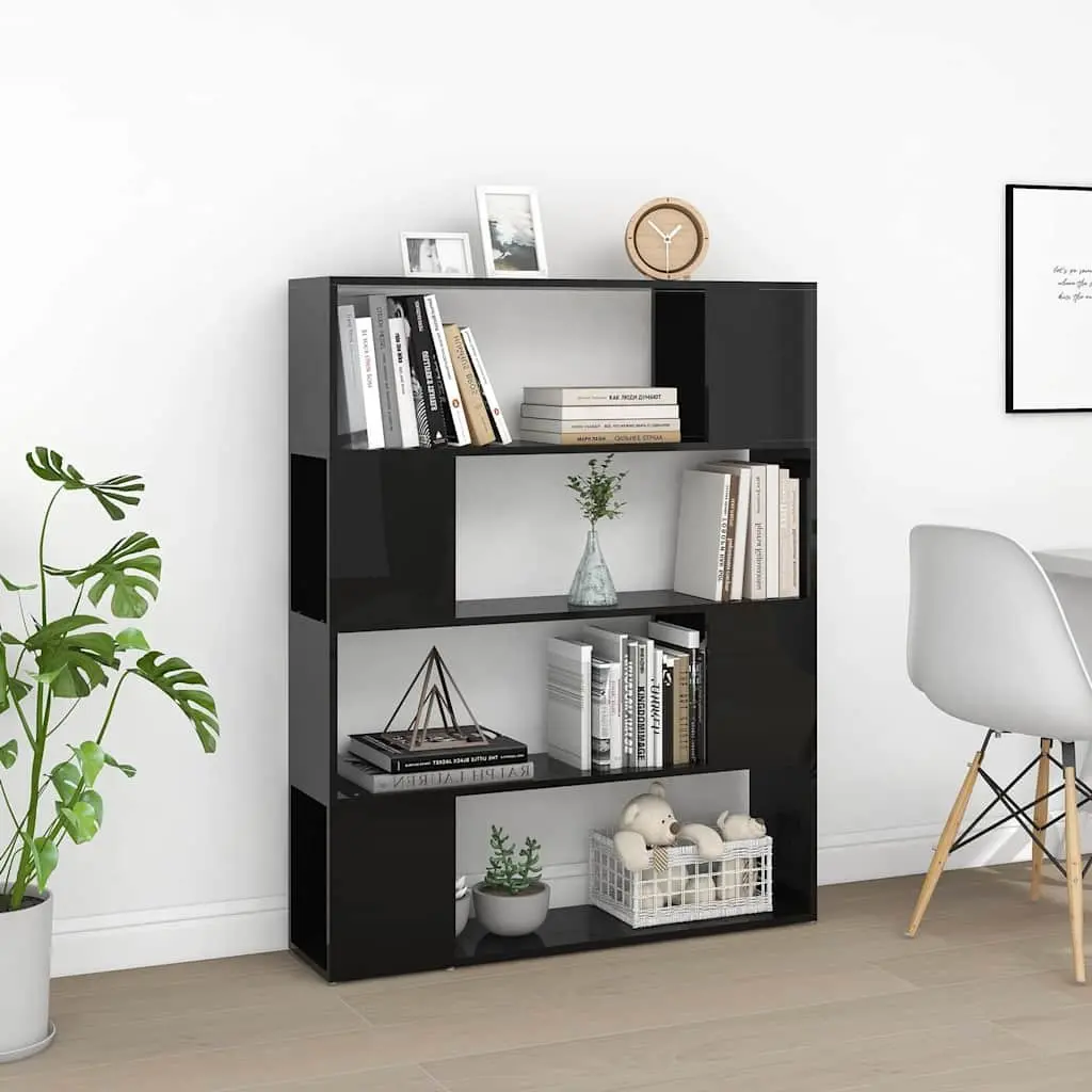High Gloss Black Room Divider Bookcase Storage Shelf Organizer with 4 Compartments 100W x 24D x 124H cm