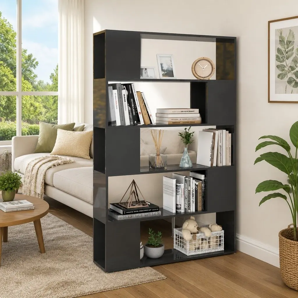 Book Cabinet Room Divider Engineered Wood 5 Compartments Grey Shelving Unit Storage Organiser