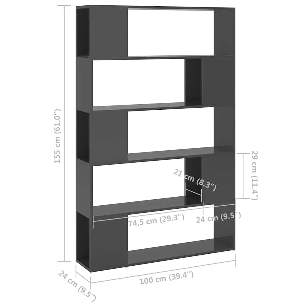 Book Cabinet Room Divider Engineered Wood 5 Compartments Grey Shelving Unit Storage Organiser