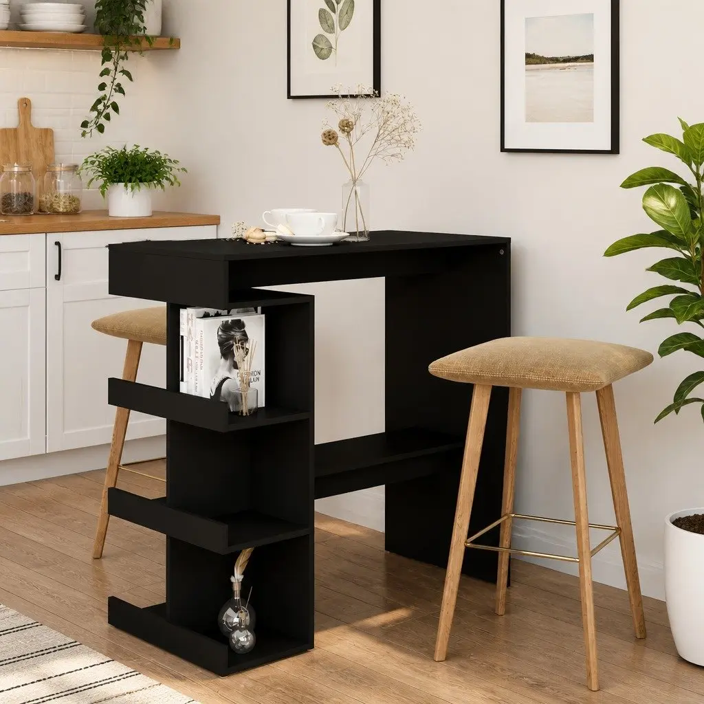 High Top Counter Bar Table Black Engineered Wood Compact Kitchen Dining Bistro with Storage Racks 100L x 50W x 1015H cm