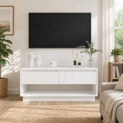TV Cabinet White Living Room Storage Unit 2 Drawers Open Compartment Lowboard