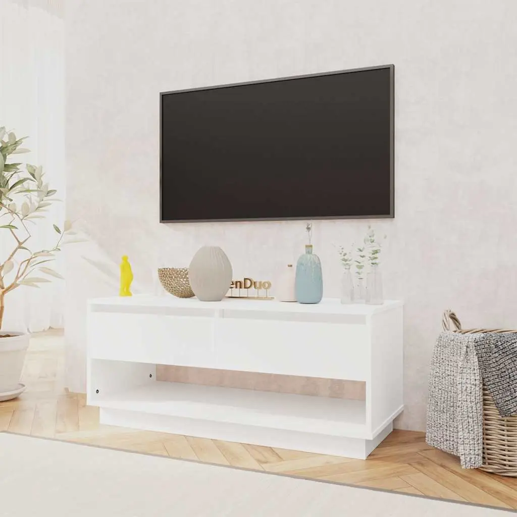 TV Cabinet Engineered Wood 102 x 41 x 44 cm White 2 Drawers Open Compartment Lowboard